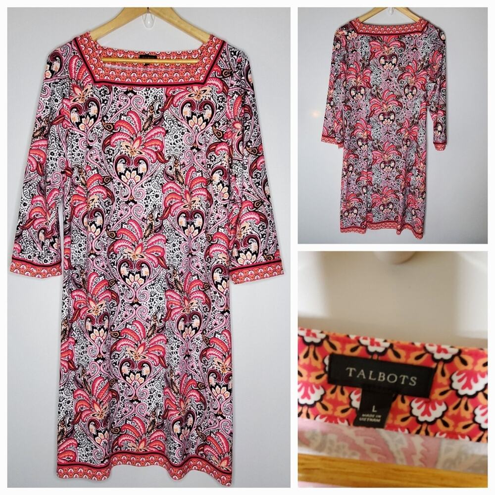 Talbots Pink paisley & floral stretchy Knit midi Dress Large preowned Condition